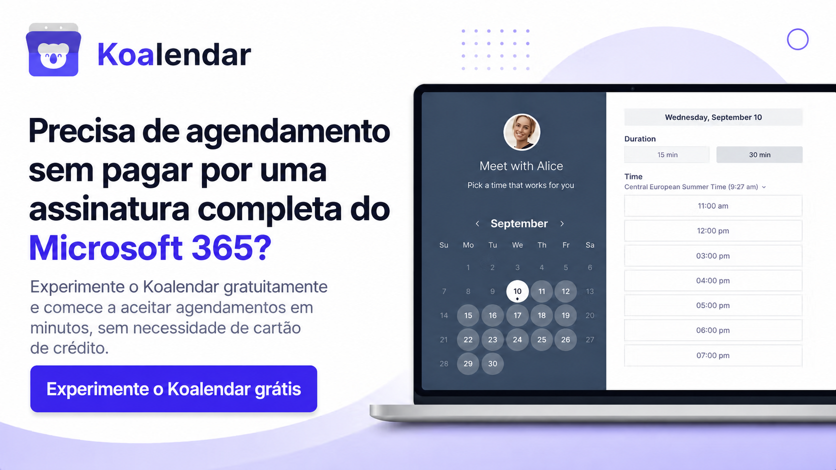banner do Koalendar permitindo agendar reuniões sem assinatura da Microsoft